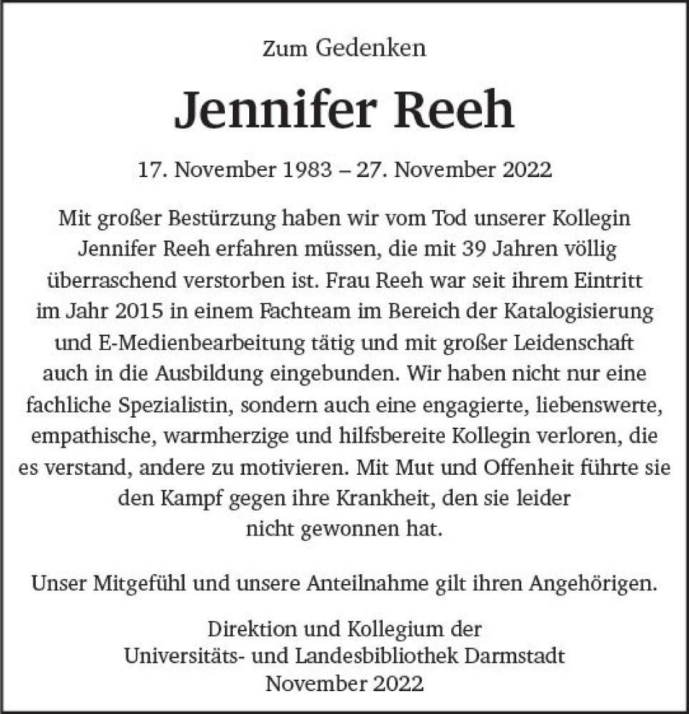  Traueranzeige für Jennifer Reeh vom 07.12.2022 aus vrm-trauer Darmstädter Echo