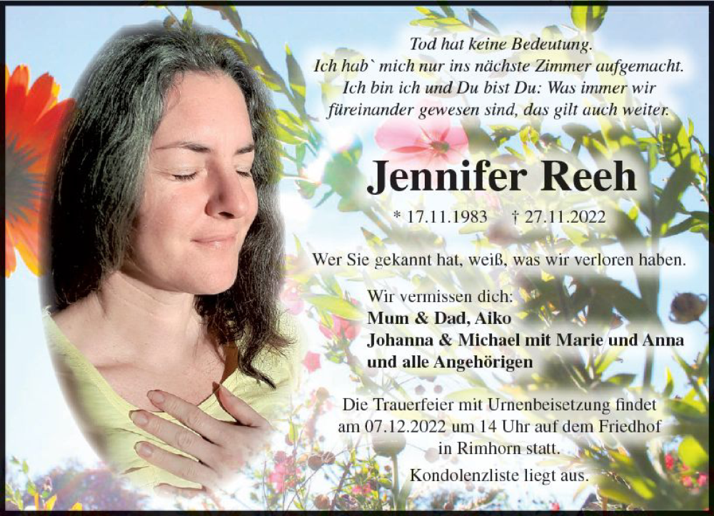  Traueranzeige für Jennifer Reeh vom 03.12.2022 aus vrm-trauer Odenwälder Echo
