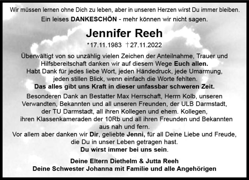  Traueranzeige für Jennifer Reeh vom 31.12.2022 aus vrm-trauer Odenwälder Echo