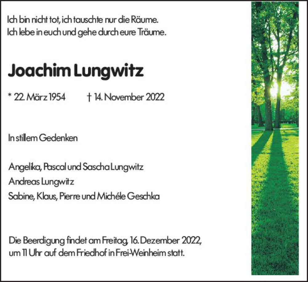  Traueranzeige für Joachim Lungwitz vom 03.12.2022 aus vrm-trauer Allgemeine  Zeitung Ingelheim-Bingen