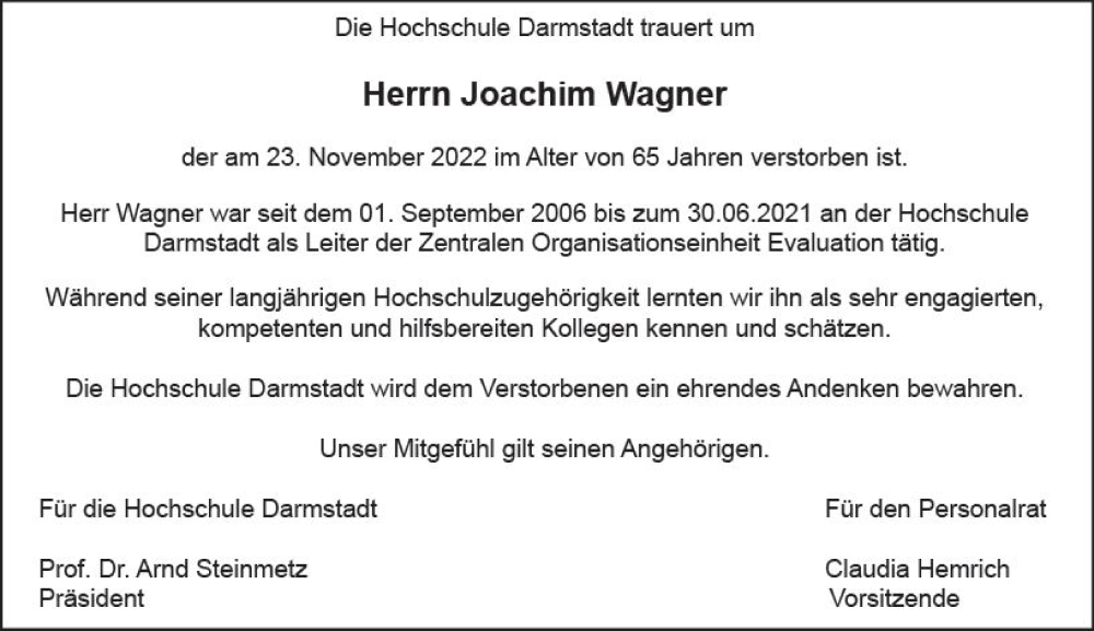  Traueranzeige für Joachim Wagner vom 10.12.2022 aus vrm-trauer Darmstädter Echo