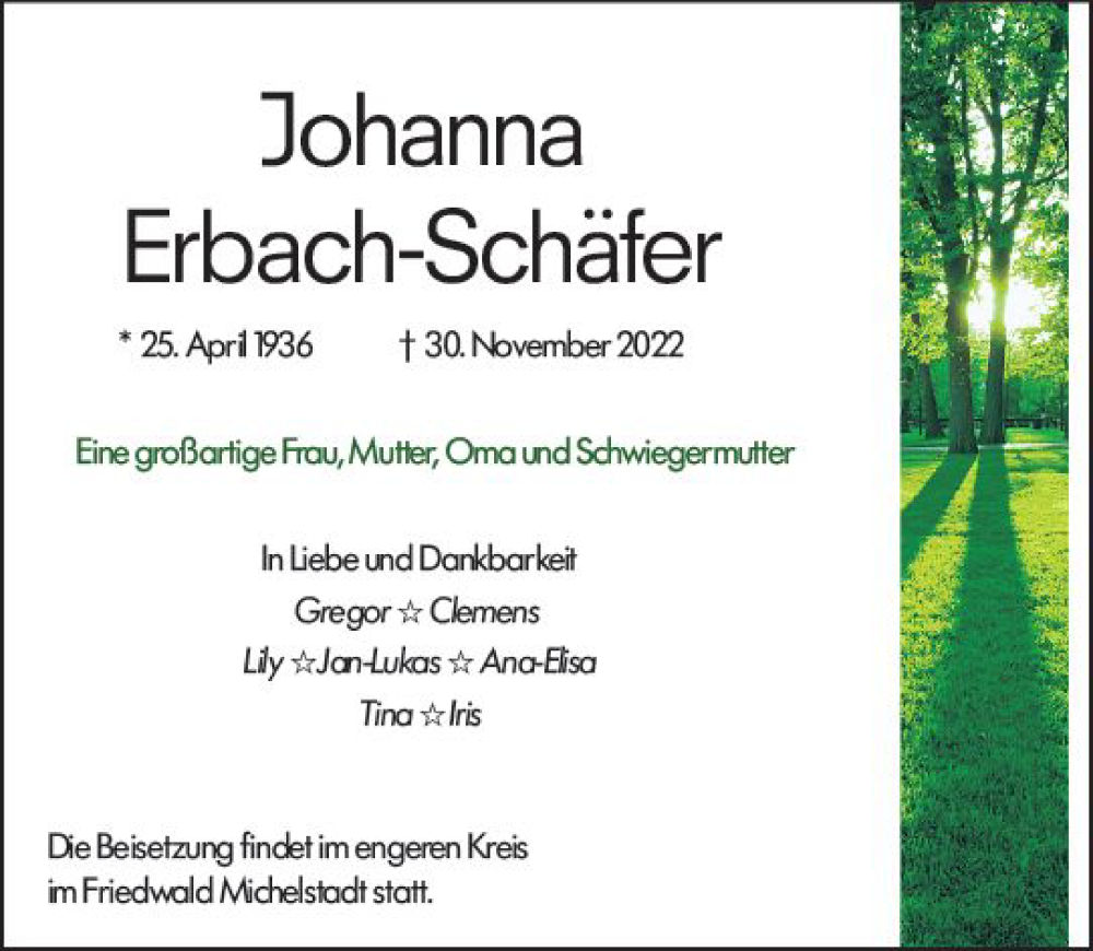  Traueranzeige für Johanna Erbach-Schäfer vom 03.12.2022 aus vrm-trauer Darmstädter Echo