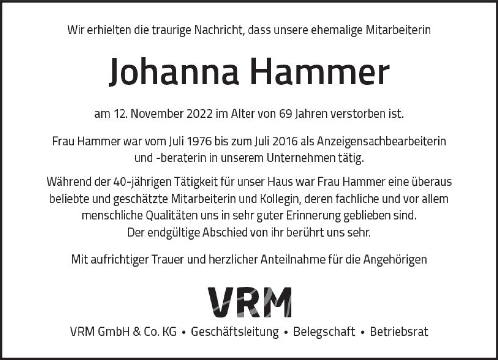  Traueranzeige für Johanna Hammer vom 17.12.2022 aus vrm-trauer AZ Mainz