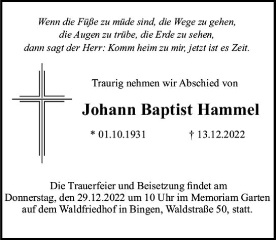 Traueranzeige von Johann Baptist Hammel von vrm-trauer Allgemeine  Zeitung Ingelheim-Bingen