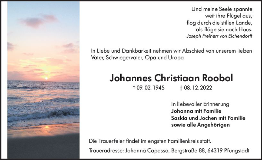  Traueranzeige für Johannes Christiaan Roobol vom 17.12.2022 aus vrm-trauer Darmstädter Echo