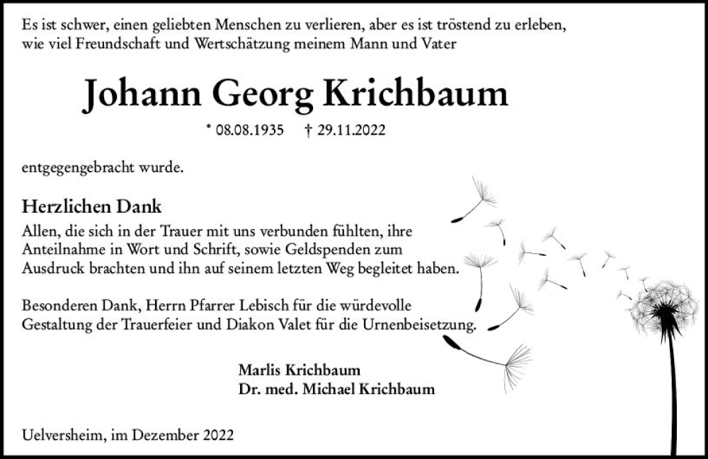  Traueranzeige für Johann Georg Krichbaum vom 31.12.2022 aus vrm-trauer AZ Mainz