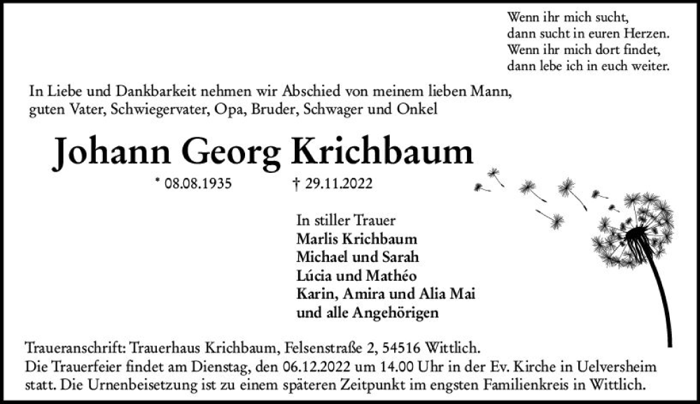  Traueranzeige für Johann Georg Krichbaum vom 03.12.2022 aus vrm-trauer AZ Mainz