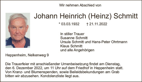 Traueranzeige von Johann Heinrich Schmitt von vrm-trauer Bürstädter/Lamperth. Ztg/Starkenburger