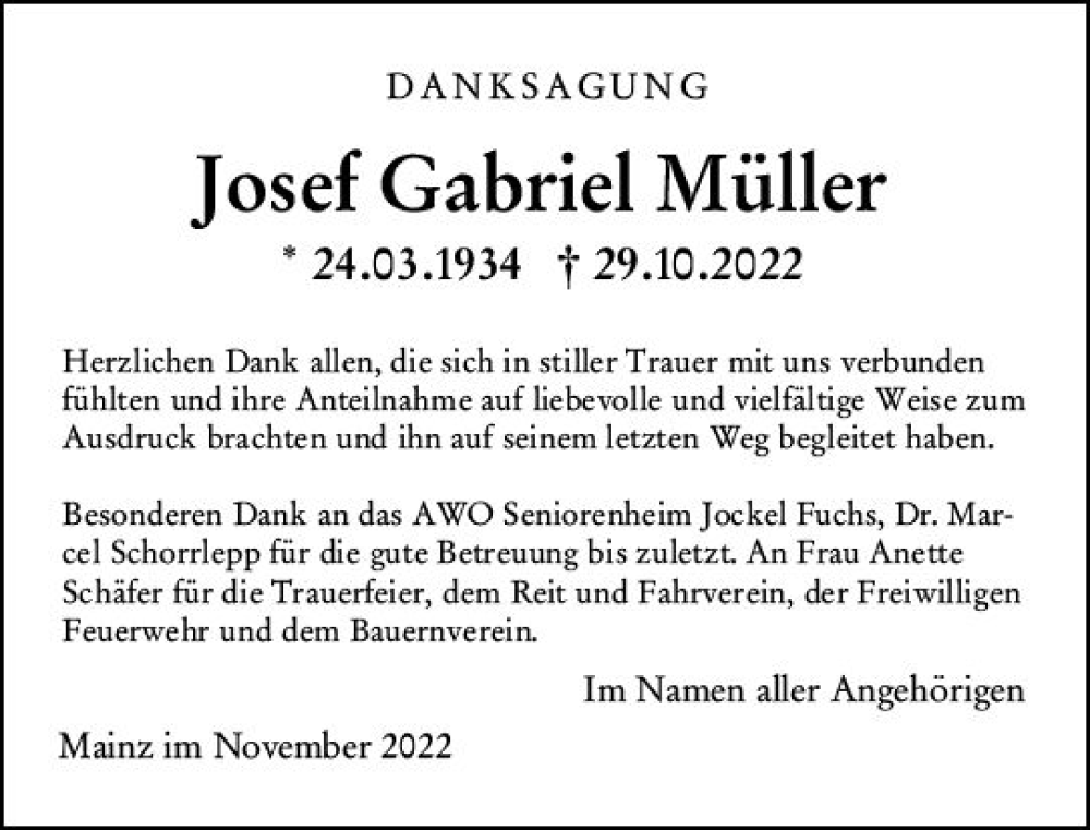  Traueranzeige für Josef Gabriel Müller vom 03.12.2022 aus vrm-trauer AZ Mainz