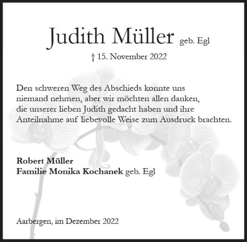  Traueranzeige für Judith Müller vom 24.12.2022 aus vrm-trauer WK-UTA