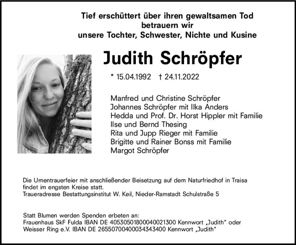  Traueranzeige für Judith Schröpfer vom 03.12.2022 aus vrm-trauer Darmstädter Echo