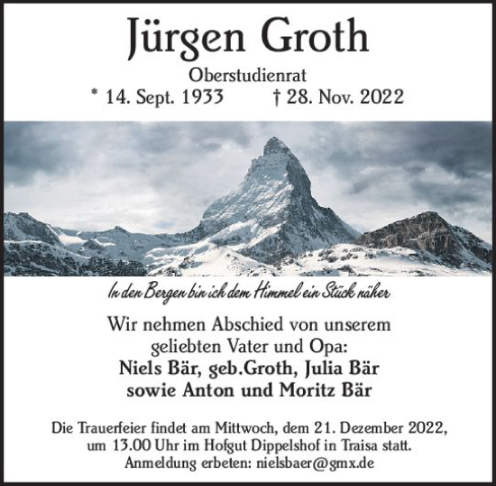 Traueranzeige von Jürgen Groth von vrm-trauer Darmstädter Echo