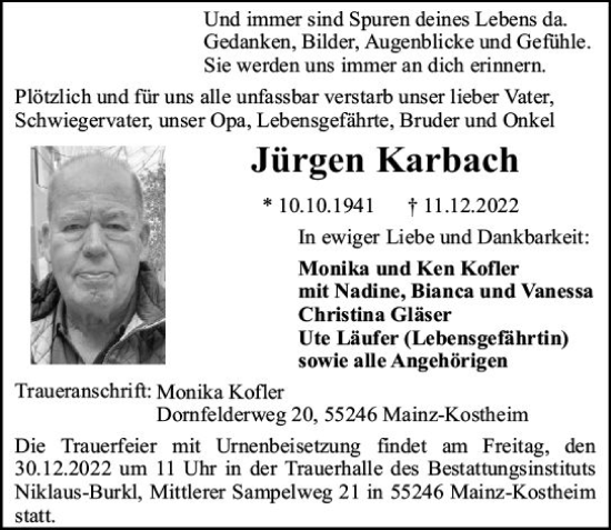 Traueranzeige von Jürgen Karbach von vrm-trauer AZ Mainz