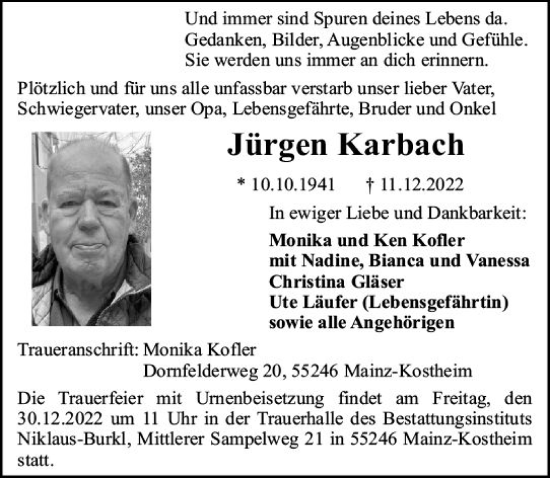 Traueranzeige von Jürgen Karbach von vrm-trauer Wiesbadener Kurier