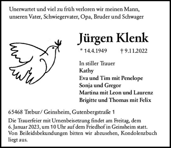 Traueranzeige von Jürgen Klenk von vrm-trauer Rüsselsheimer Echo / MainSpitze