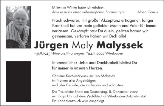 Traueranzeige von Jürgen Malyssek von vrm-trauer Wiesbadener Kurier