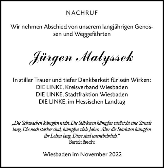 Traueranzeige von Jürgen Malyssek von vrm-trauer Wiesbadener Kurier