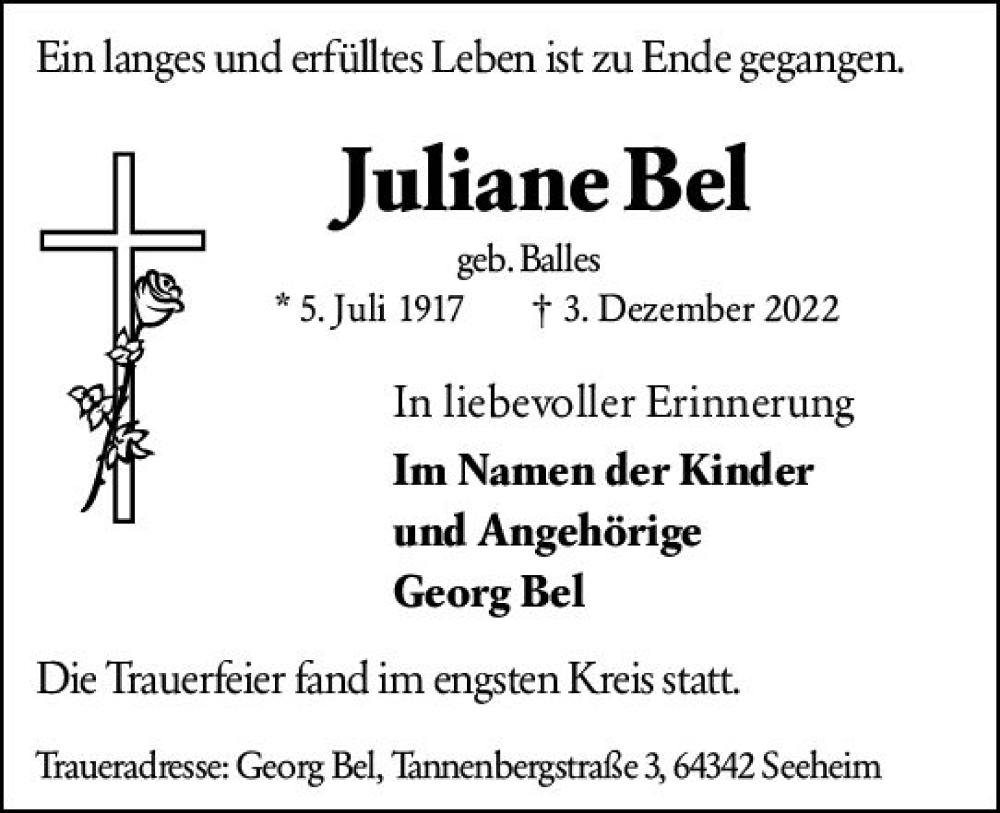  Traueranzeige für Juliane Bel vom 17.12.2022 aus vrm-trauer Darmstädter Echo