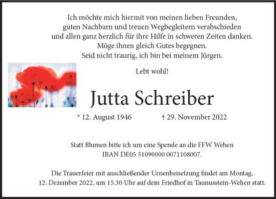 Traueranzeige von Jutta Schreiber von vrm-trauer Wiesbadener Kurier