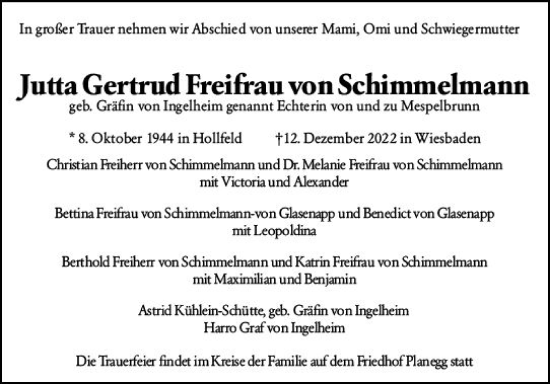 Traueranzeige von Jutta Gertrud Freifrau von Schimmelmann von vrm-trauer Wiesbadener Kurier