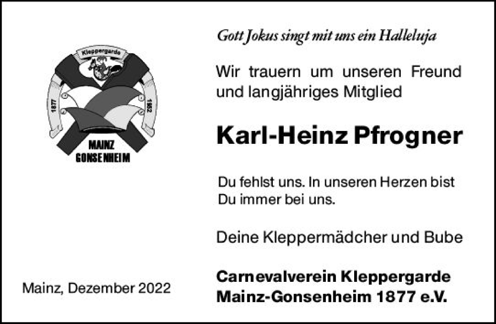  Traueranzeige für Karl-Heinz Pfrogner vom 10.12.2022 aus vrm-trauer AZ Mainz