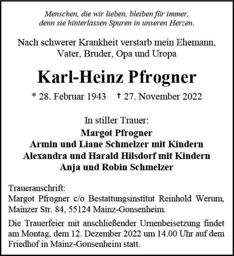  Traueranzeige für Karl-Heinz Pfrogner vom 10.12.2022 aus vrm-trauer AZ Mainz