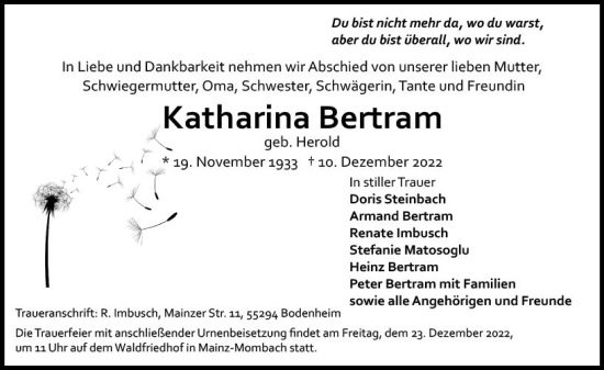 Traueranzeige von Katharina Bertram von vrm-trauer AZ Mainz