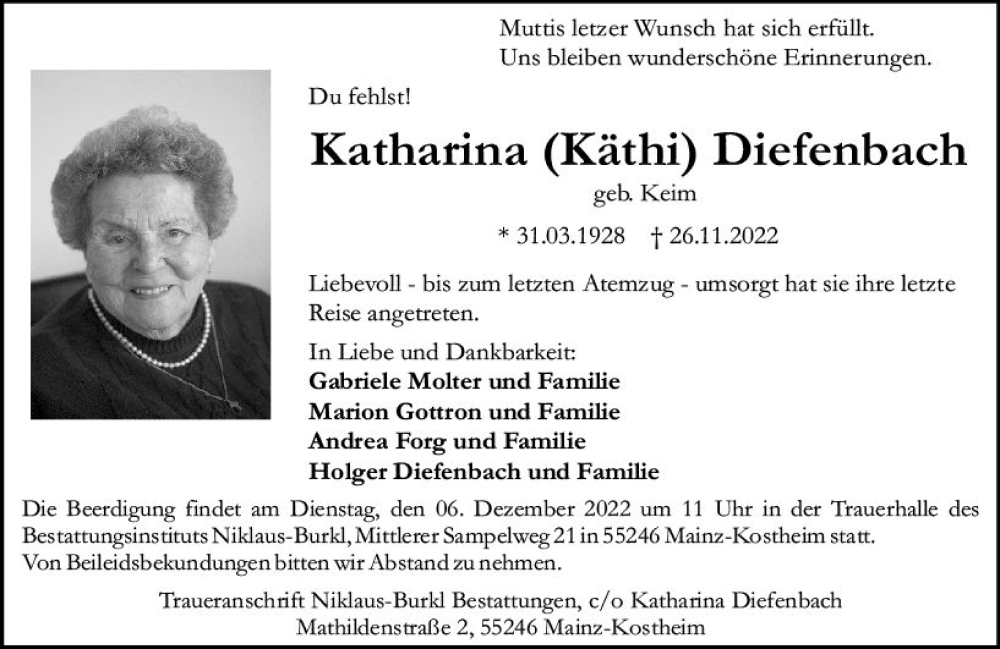  Traueranzeige für Katharina Diefenbach vom 03.12.2022 aus vrm-trauer AZ Mainz