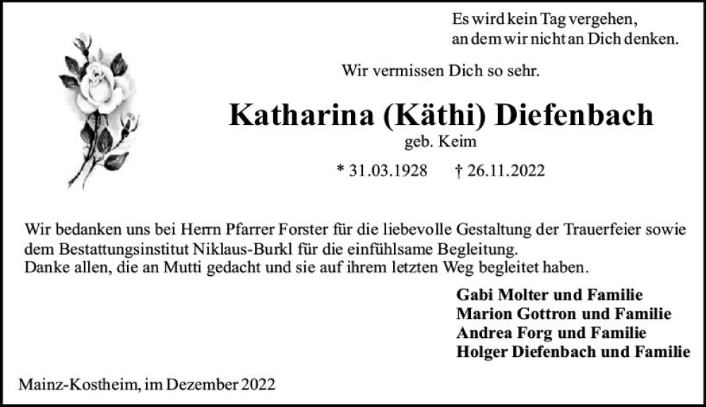  Traueranzeige für Katharina Diefenbach vom 17.12.2022 aus vrm-trauer AZ Mainz