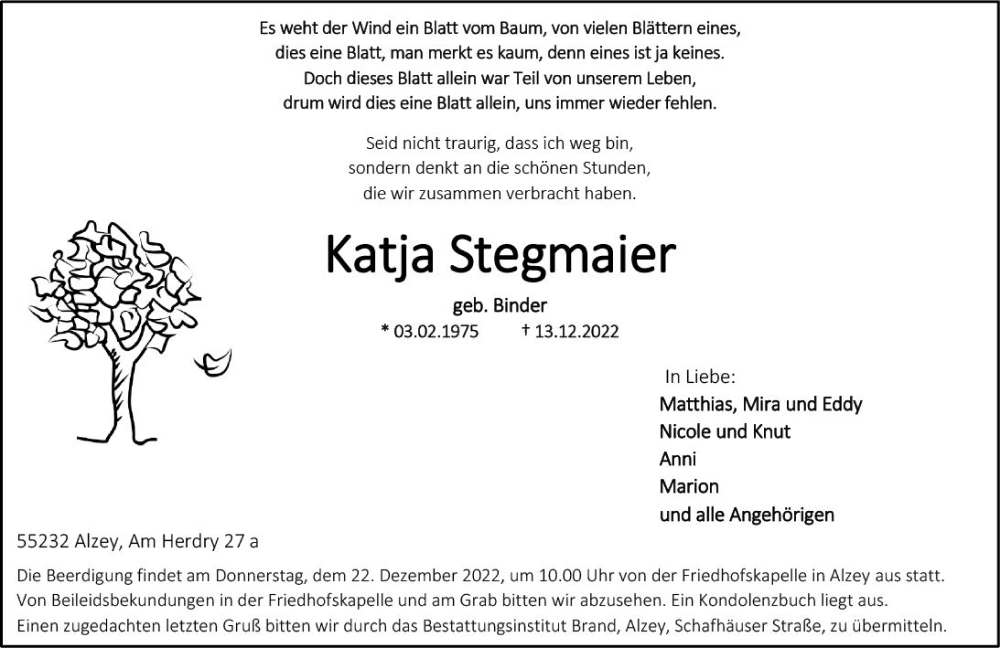  Traueranzeige für Katja Stegmaier vom 17.12.2022 aus vrm-trauer Allgemeine Zeitung Alzey