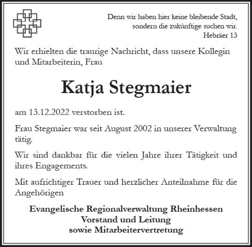 Traueranzeige für Katja Stegmaier vom 22.12.2022 aus vrm-trauer Allgemeine Zeitung Alzey