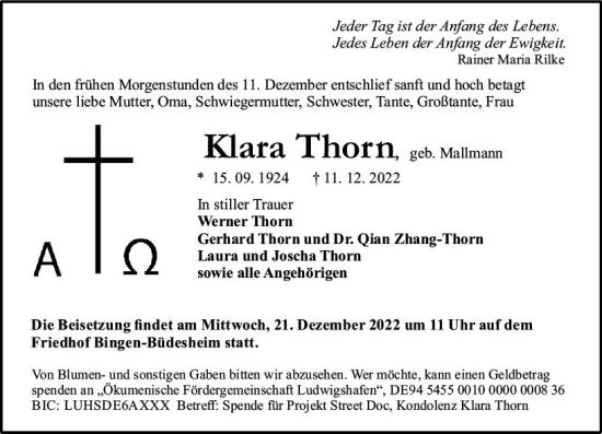 Traueranzeige von Klara Thorn von vrm-trauer Allgemeine  Zeitung Ingelheim-Bingen