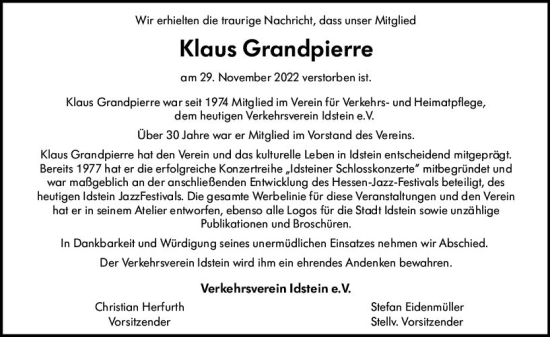 Traueranzeige von Klaus Grandpierre von vrm-trauer Idsteiner Zeitung