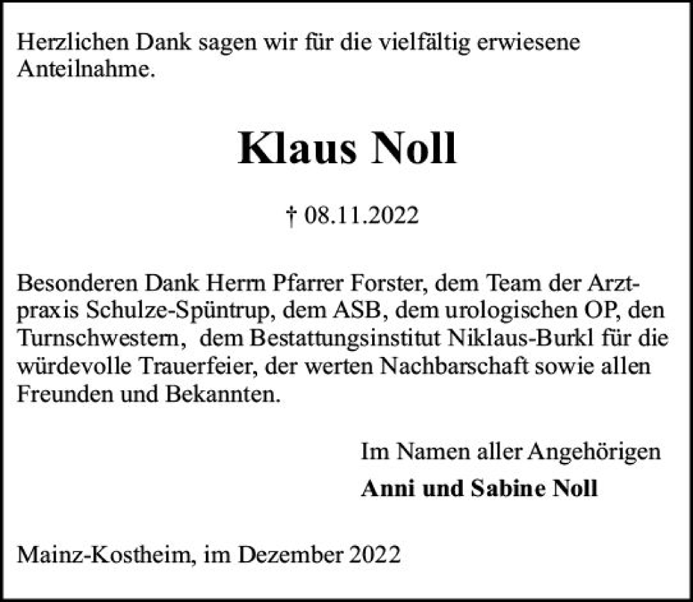  Traueranzeige für Klaus Noll vom 03.12.2022 aus vrm-trauer AZ Mainz