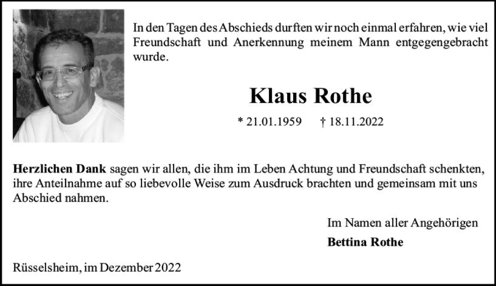  Traueranzeige für Klaus Rothe vom 17.12.2022 aus vrm-trauer Rüsselsheimer Echo / MainSpitze