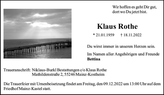 Traueranzeige von Klaus Rothe von vrm-trauer Rüsselsheimer Echo / MainSpitze