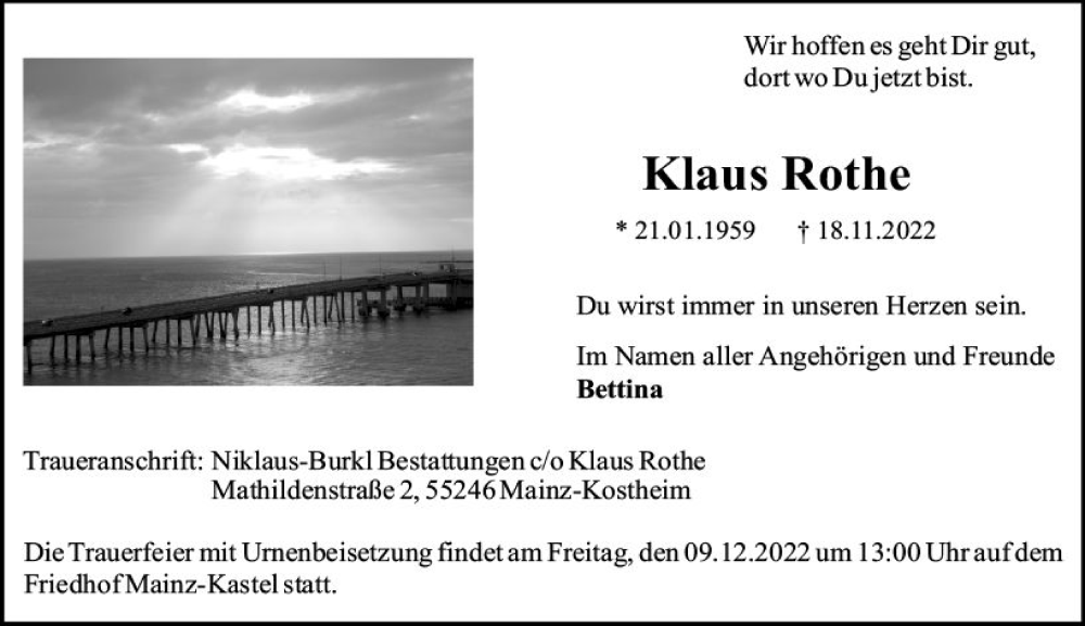  Traueranzeige für Klaus Rothe vom 03.12.2022 aus vrm-trauer Rüsselsheimer Echo / MainSpitze