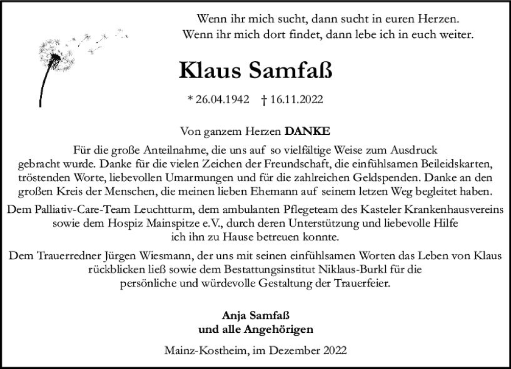  Traueranzeige für Klaus Samfaß vom 17.12.2022 aus vrm-trauer AZ Mainz