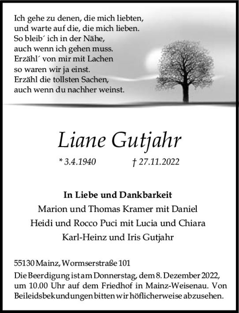  Traueranzeige für Liane Gutjahr vom 03.12.2022 aus vrm-trauer AZ Mainz