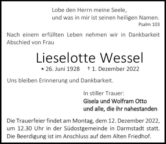 Traueranzeige von Lieselotte Wessel von vrm-trauer Darmstädter Echo