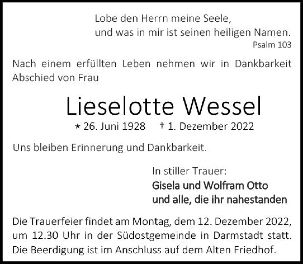  Traueranzeige für Lieselotte Wessel vom 07.12.2022 aus vrm-trauer Darmstädter Echo