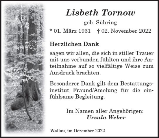 Traueranzeige von Lisbeth Tornow von vrm-trauer Wiesbadener Kurier