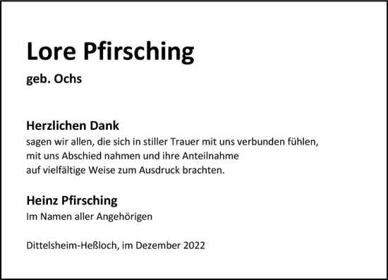 Traueranzeige von Lore Pfirsching von vrm-trauer Allgemeine Zeitung Alzey