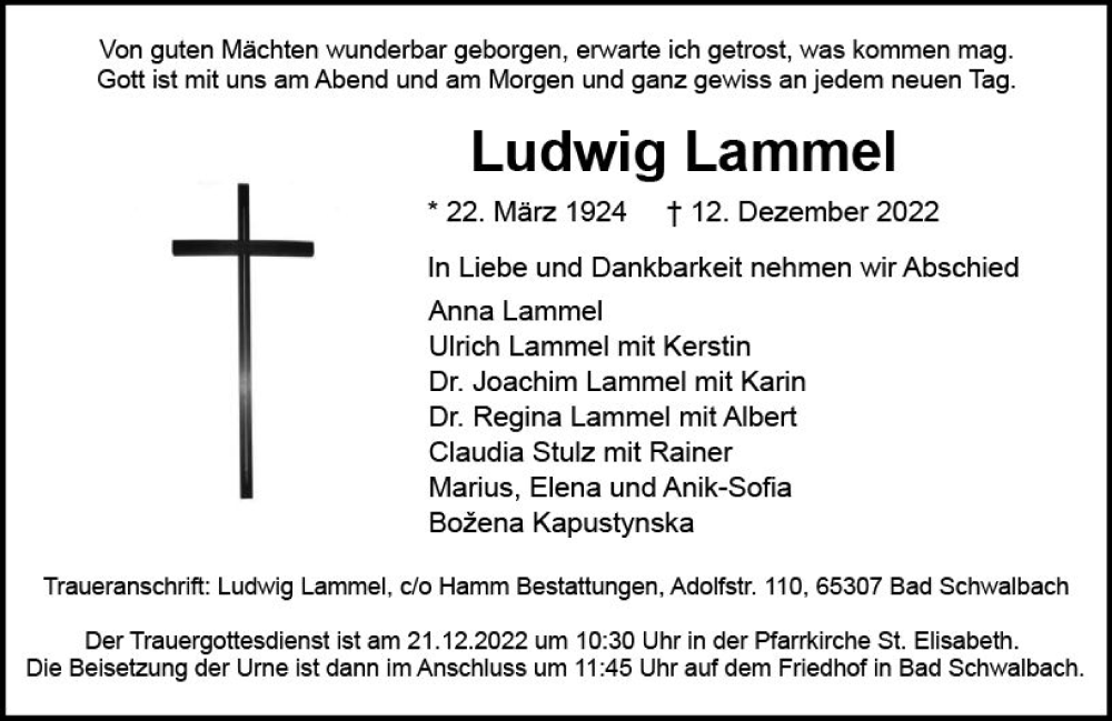  Traueranzeige für Ludwig Lammel vom 17.12.2022 aus vrm-trauer Wiesbadener Kurier
