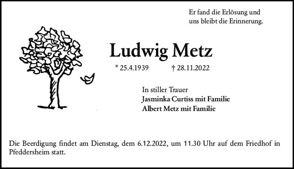  Traueranzeige für Ludwig Metz vom 03.12.2022 aus vrm-trauer Wormser Zeitung