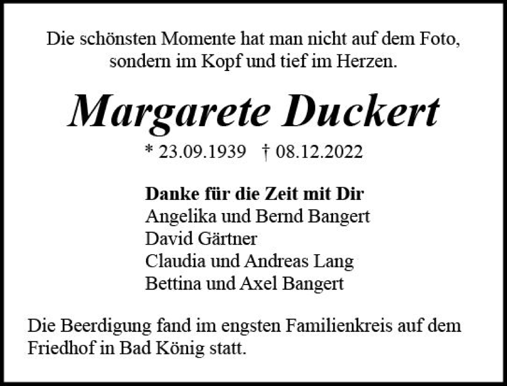 Traueranzeige für Margarete Duckert vom 24.12.2022 aus vrm-trauer Odenwälder Echo