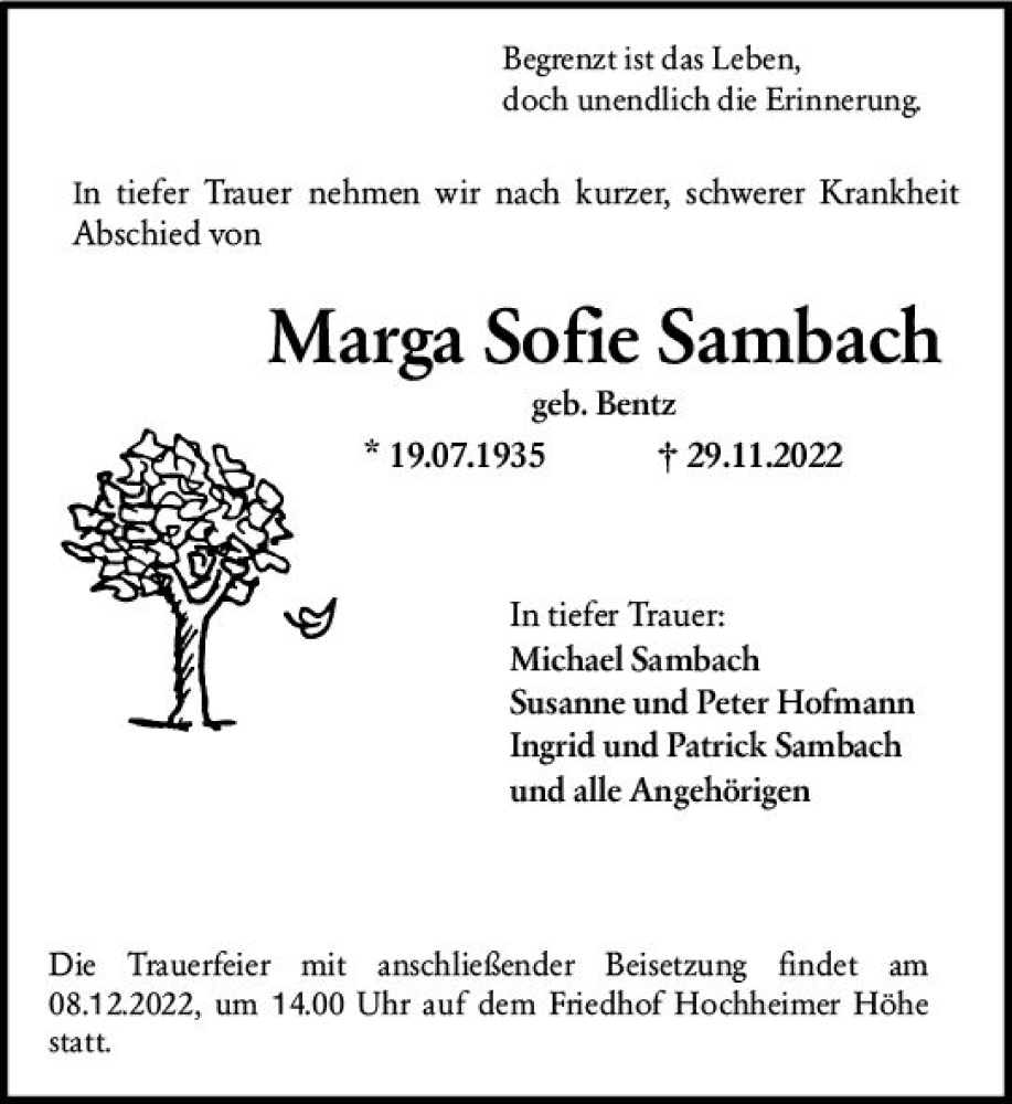  Traueranzeige für Marga Sofie Sambach vom 03.12.2022 aus vrm-trauer Wormser Zeitung