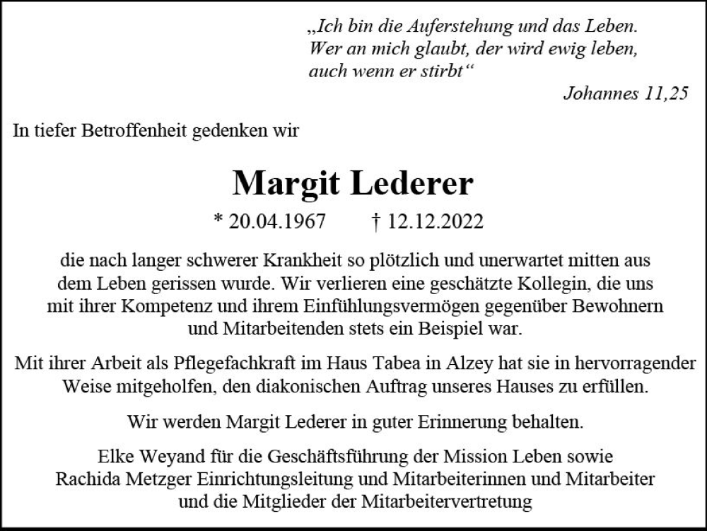  Traueranzeige für Margit Lederer vom 31.12.2022 aus vrm-trauer Allgemeine Zeitung Alzey