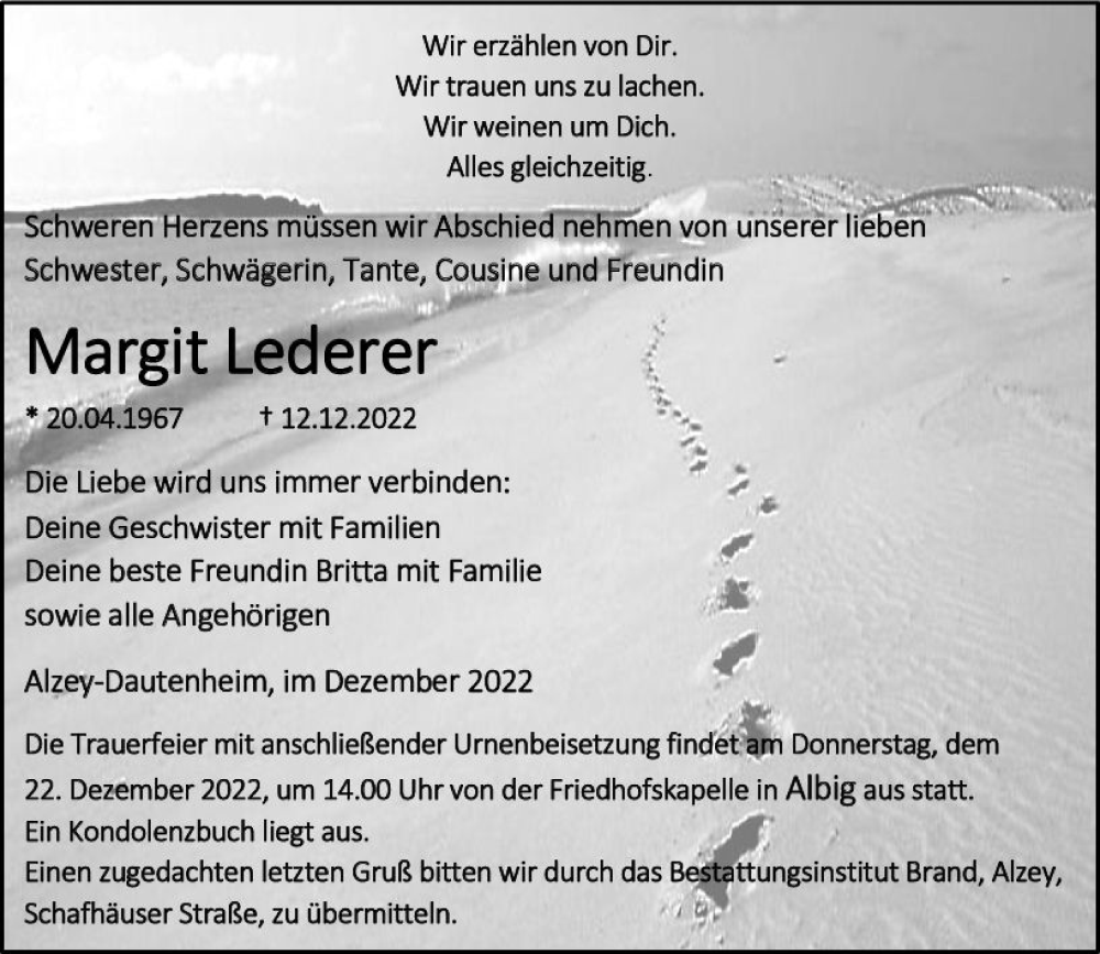  Traueranzeige für Margit Lederer vom 17.12.2022 aus vrm-trauer Allgemeine Zeitung Alzey