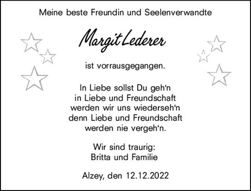  Traueranzeige für Margit Lederer vom 17.12.2022 aus vrm-trauer Allgemeine Zeitung Alzey